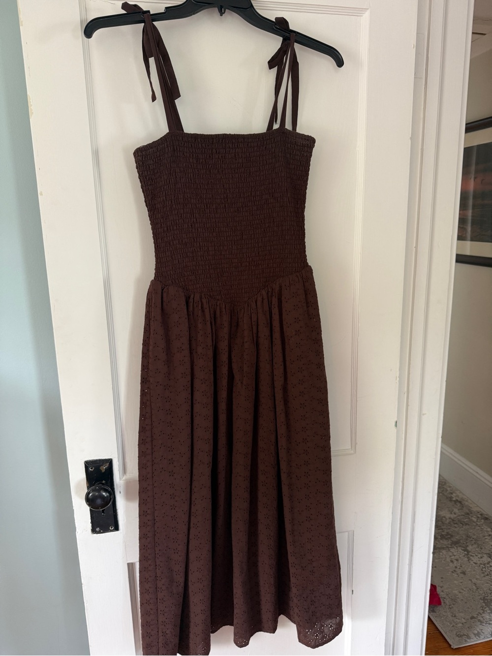 Brown Eyelet Tie-Shoulder Midi Dress
